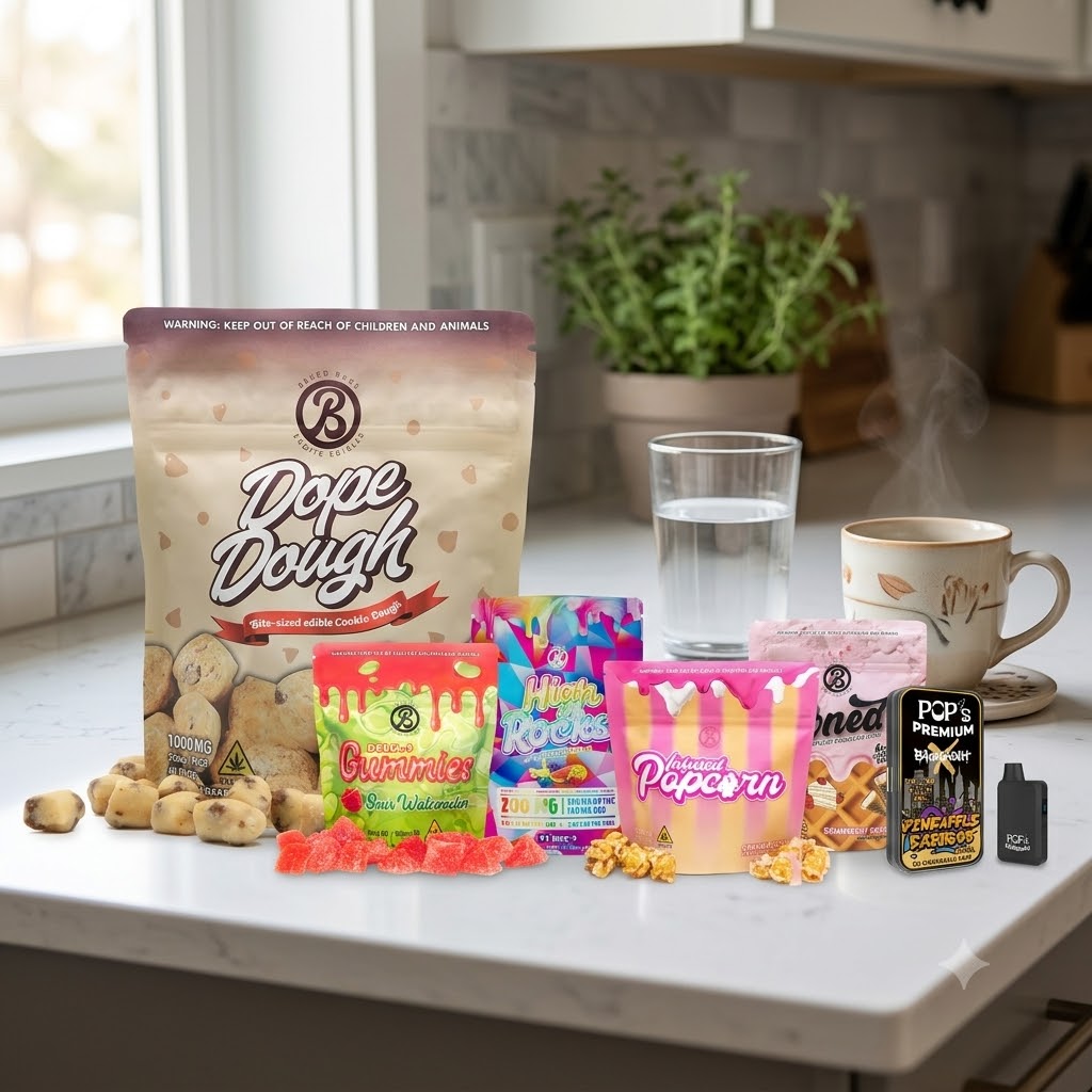Baked Pockets THCa edibles with water and coffee for a mindful, hangover-free morning routine.