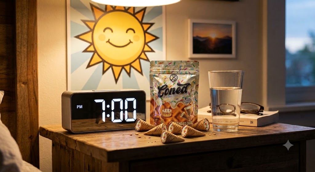 Clock illustrating ideal early evening timing for THCa edible consumption to avoid next-day grogginess